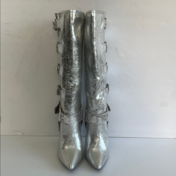 WILD DIVA LOUNGE Shaya Buckle Silver Boots Stilettos Heel Shoes Size 5.5 NEW - Picture 6 of 10